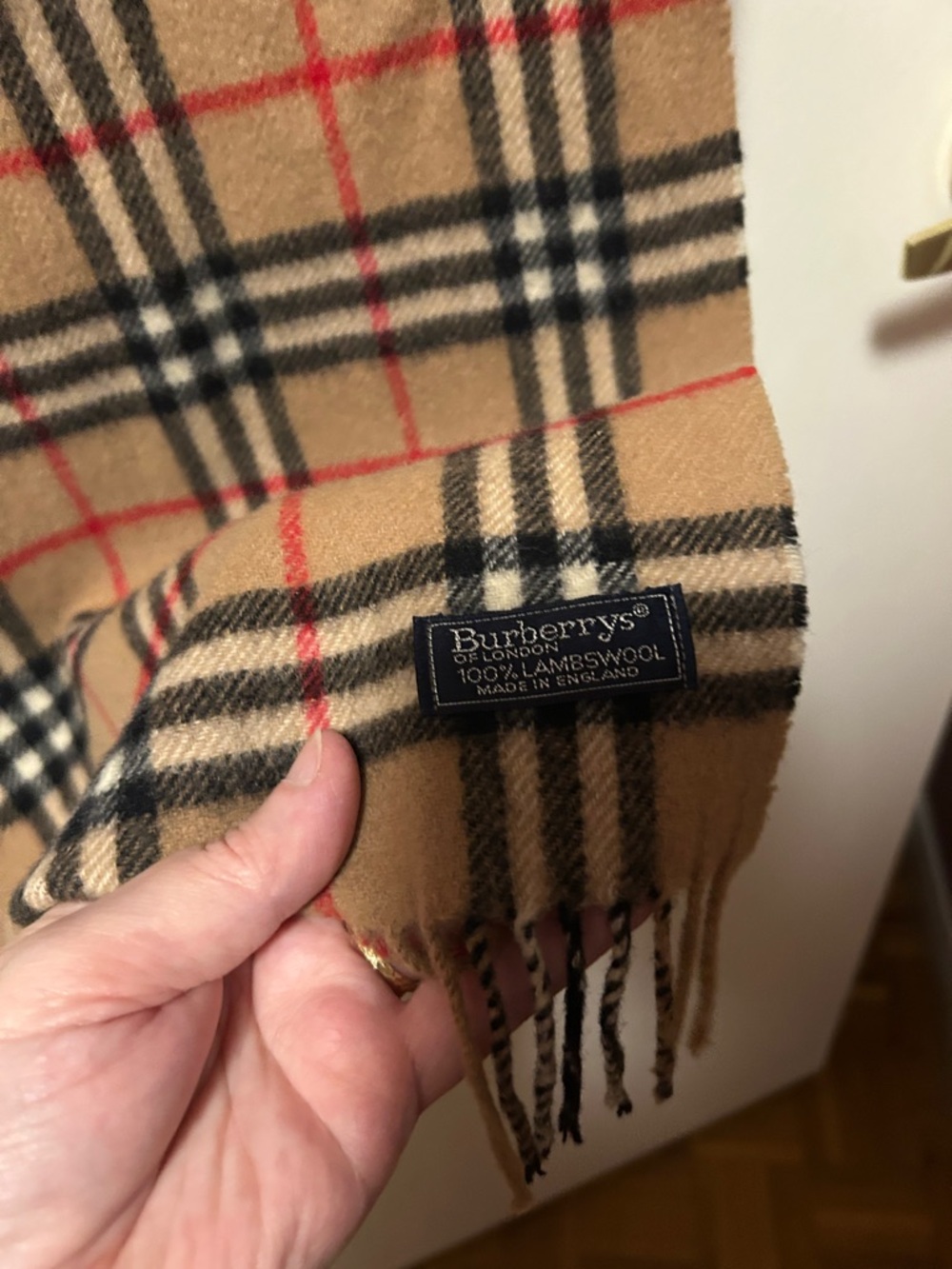 Burberry Vintage Check Lambswool Scarf in Camel, Black & Red